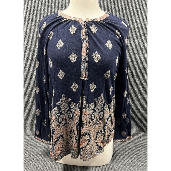 Lucky Brand Top Women Large Navy Blue Persian Carpet Print‎ Boho Blouse Shirt - Picture 1 of 13